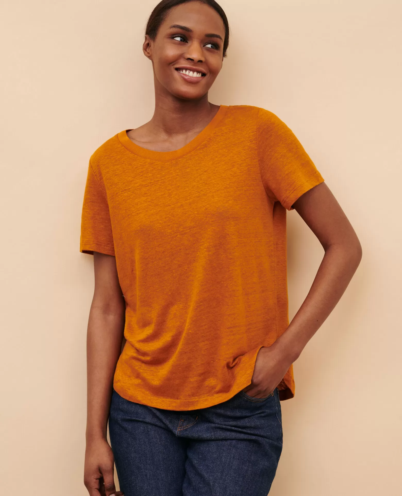 Tops | Comptoir des Cotonniers Amandine - T-Shirt Col Rond En Lin 29 Orange