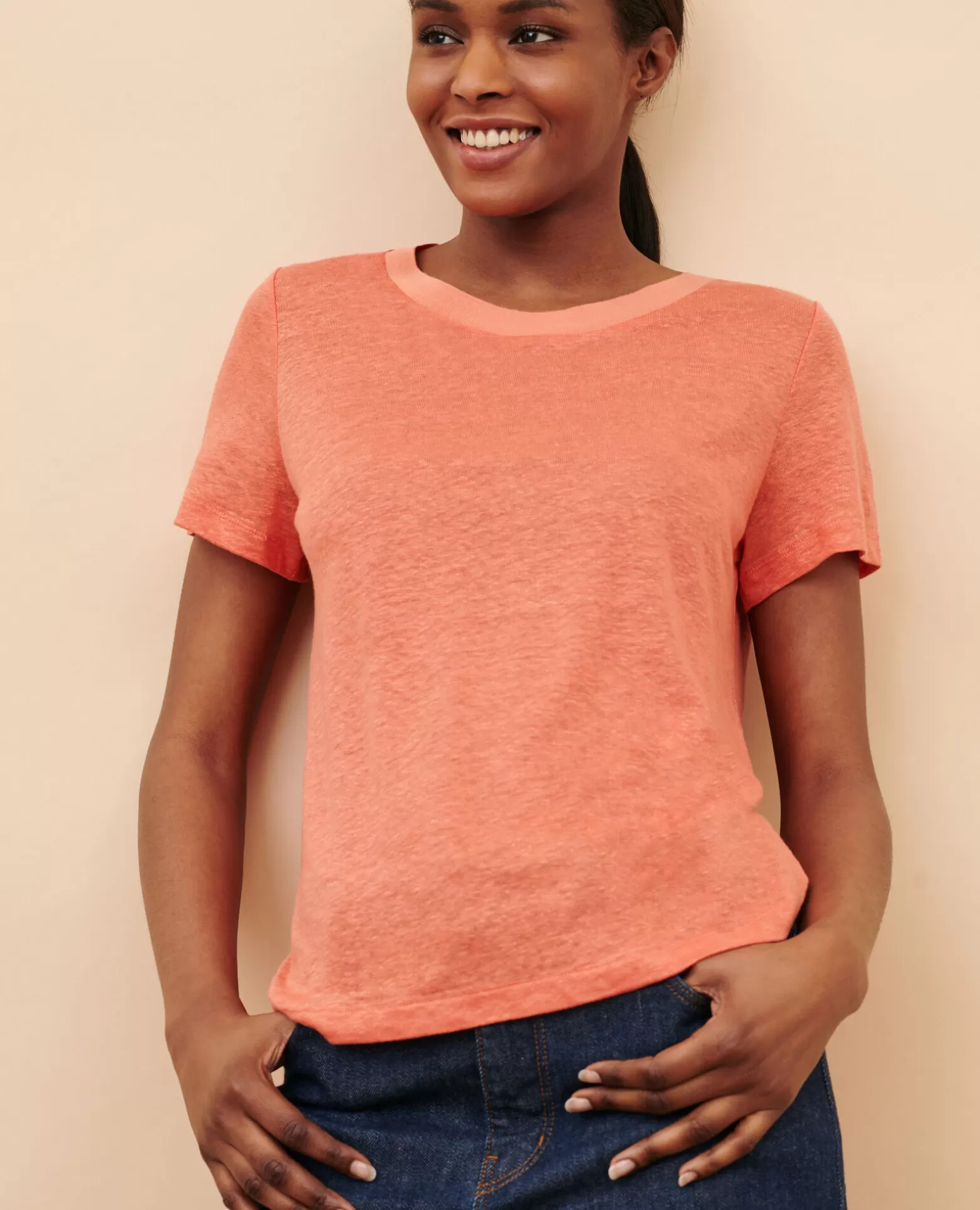 Tops | Comptoir des Cotonniers Amandine - T-Shirt Col Rond En Lin 21 Light Orange