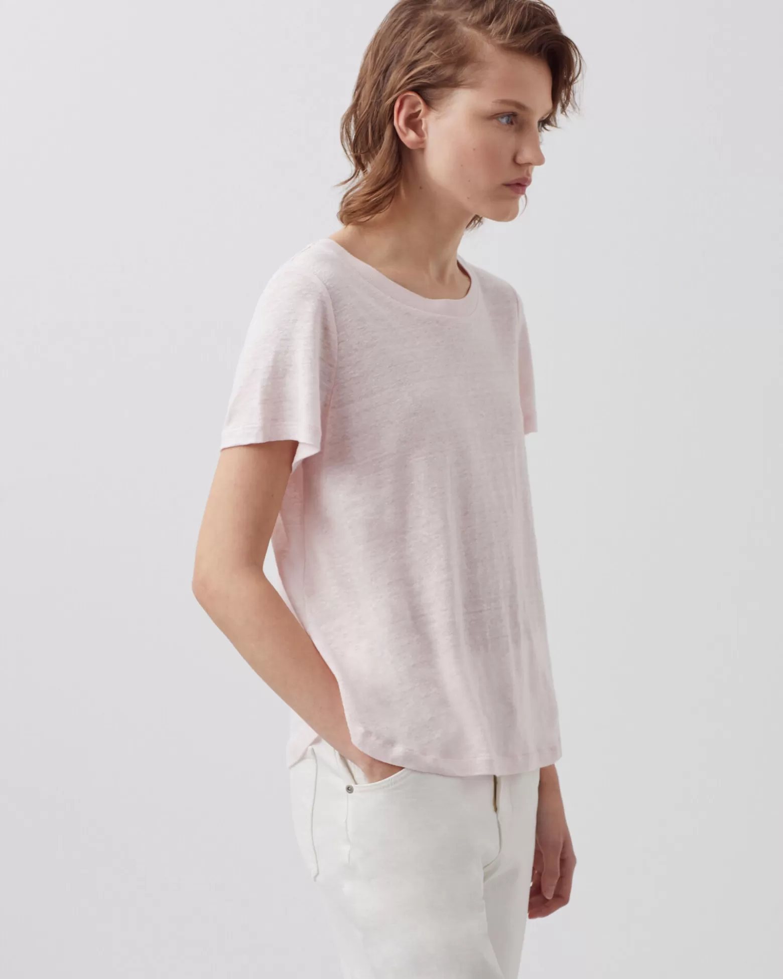 Tops | Comptoir des Cotonniers Amandine - T-Shirt Col Rond En Lin 0100 Pink Marshmallow
