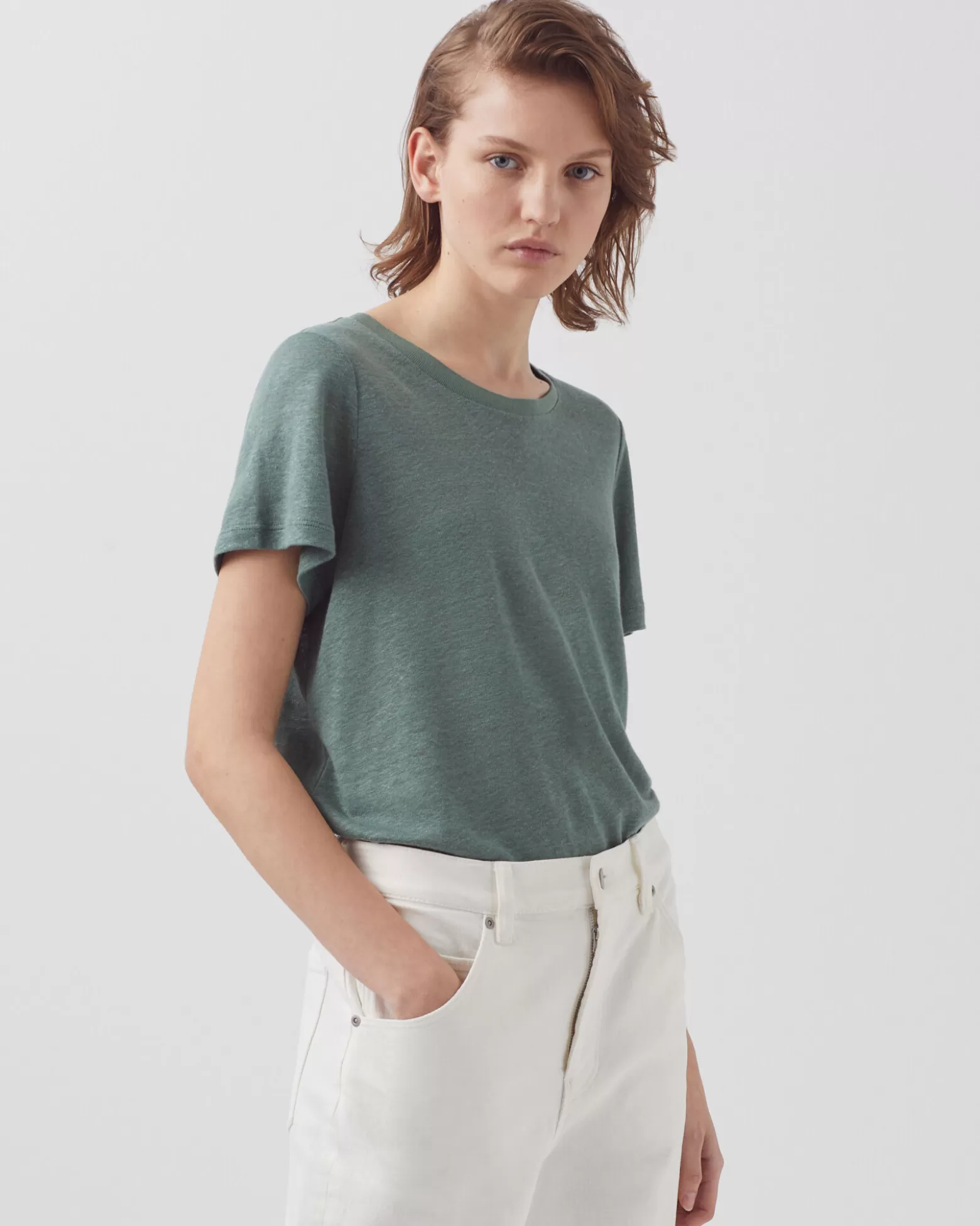 Tops | Comptoir des Cotonniers Amandine - T-Shirt Col Rond En Lin 0381 Dark Forest