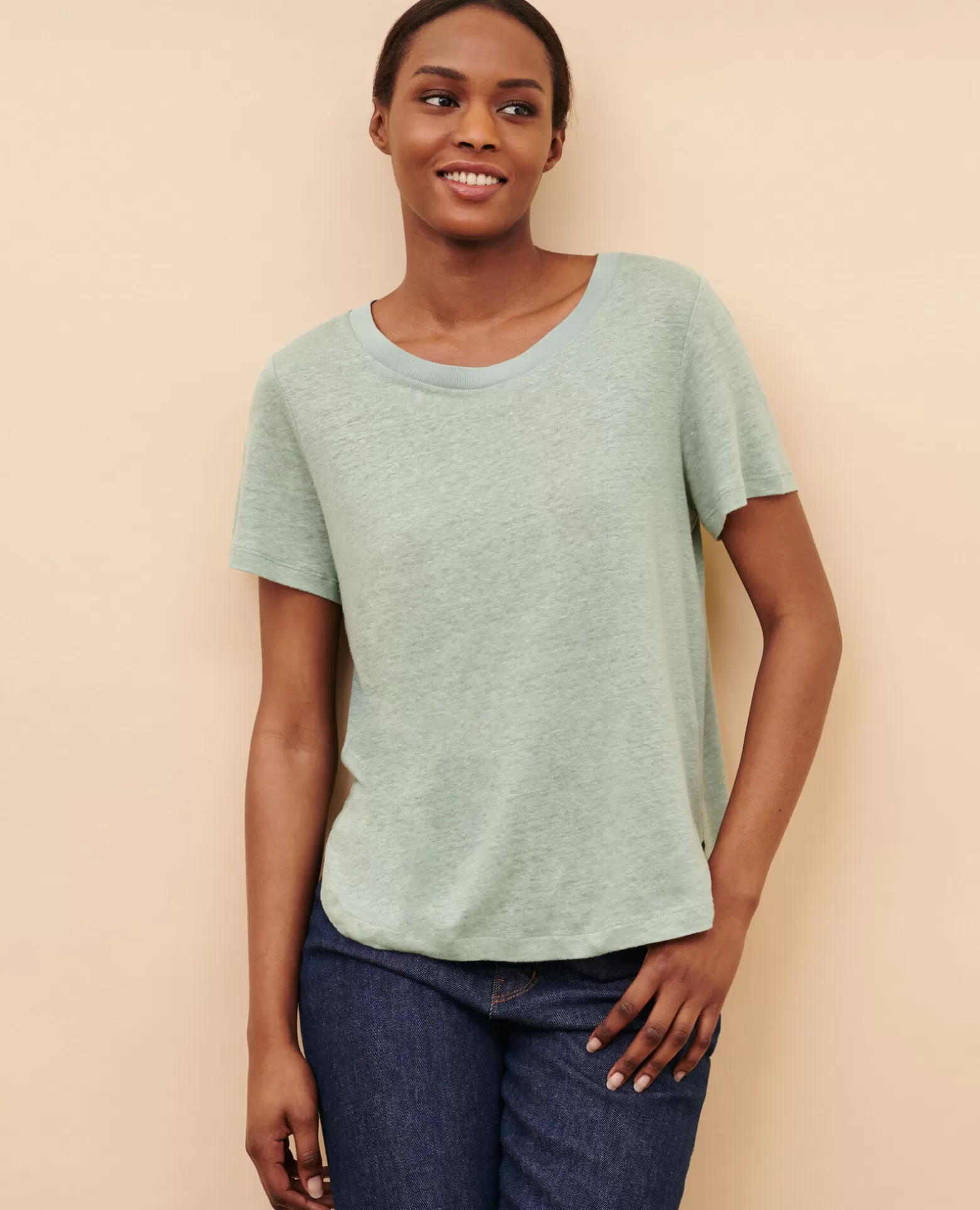 Tops | Comptoir des Cotonniers Amandine - T-Shirt Col Rond En Lin 50 Green