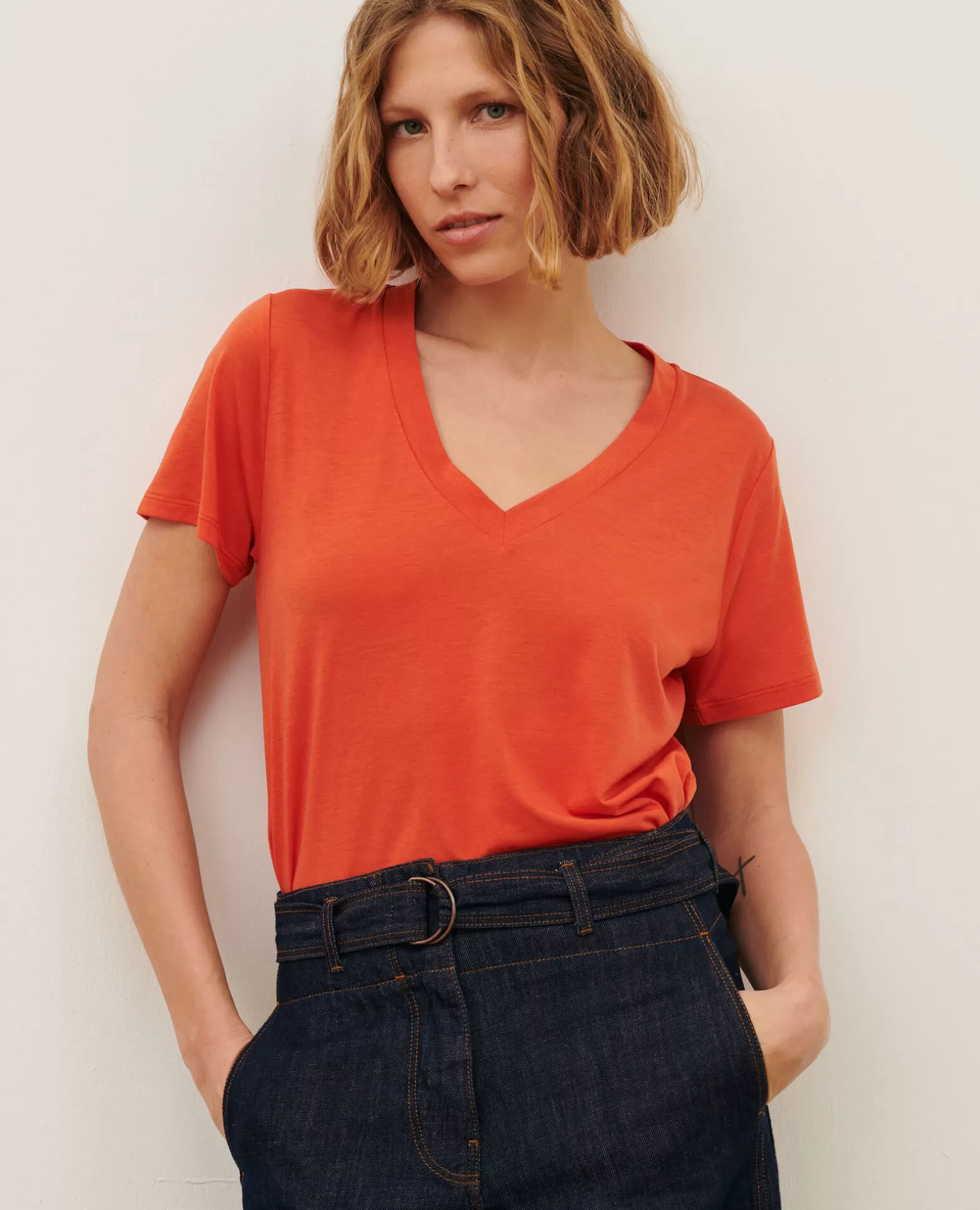 Tops | Comptoir des Cotonniers Lea - T-Shirt Fluide Col V 0250 Tiger Lily Orange