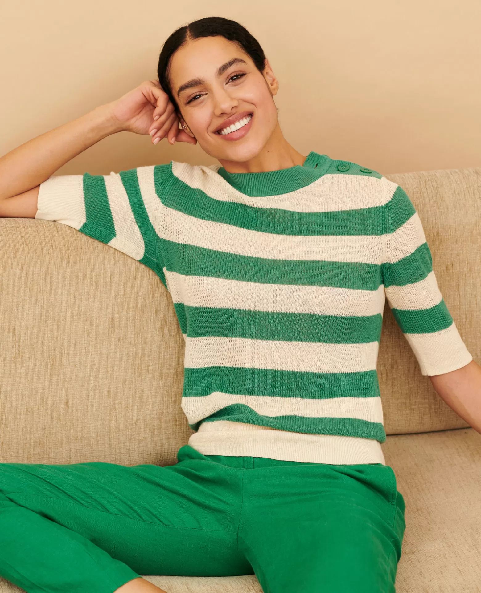 Maille | Comptoir des Cotonniers Pull Manches Courtes En Lin 0551 Pine Green Stripes