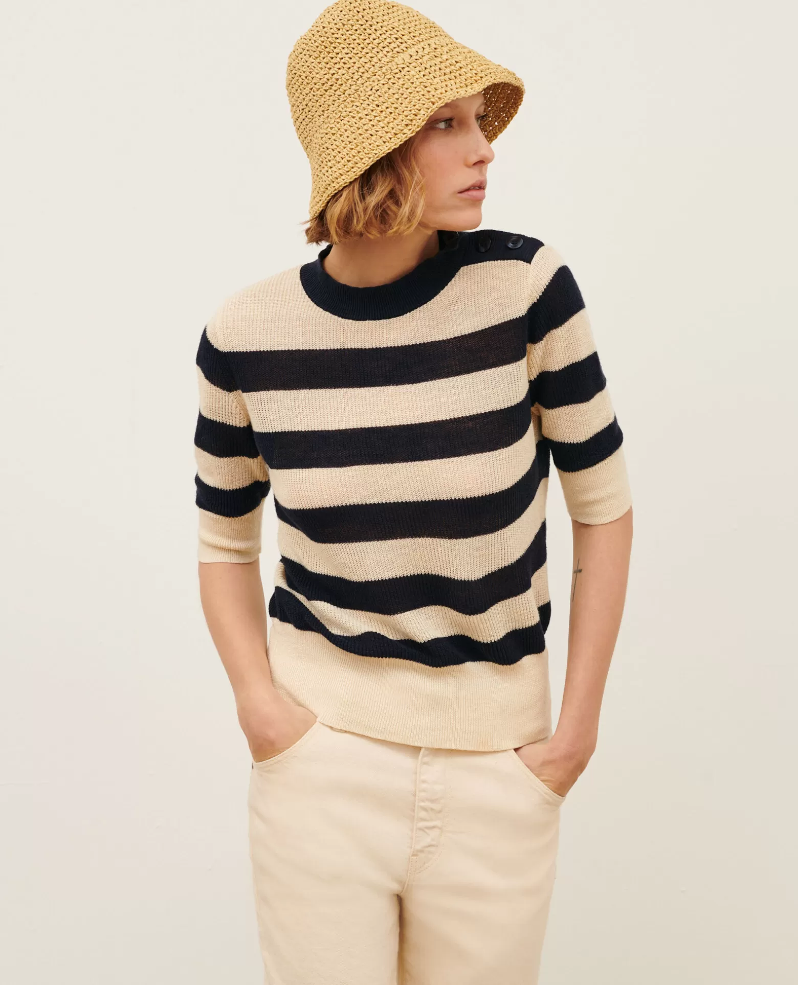 Maille | Comptoir des Cotonniers Pull Manches Courtes En Lin 0692 Night_Sky_Stripes