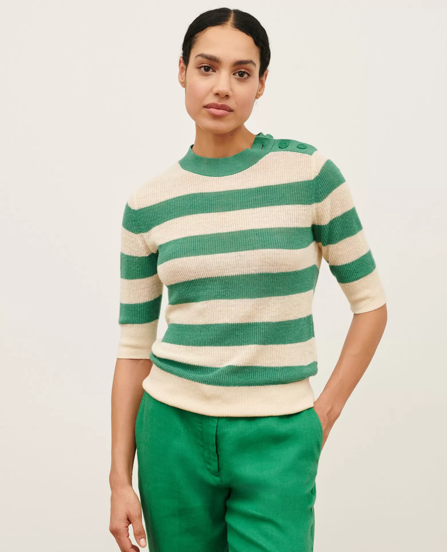 Maille | Comptoir des Cotonniers Pull Manches Courtes En Lin 0551 Pine Green Stripes