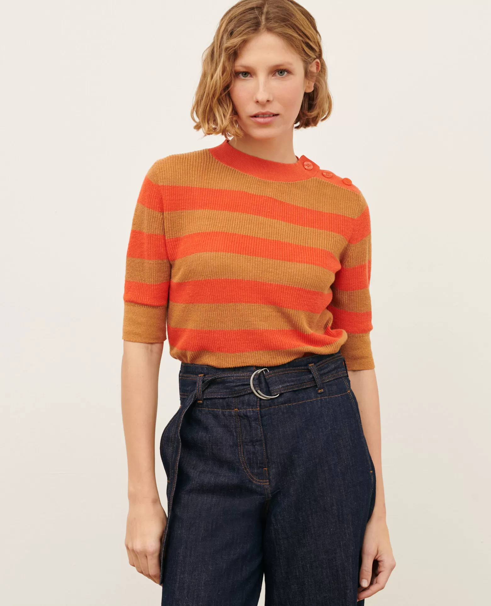 Maille | Comptoir des Cotonniers Pull Manches Courtes En Lin 0240 Tiger Lily Stripes