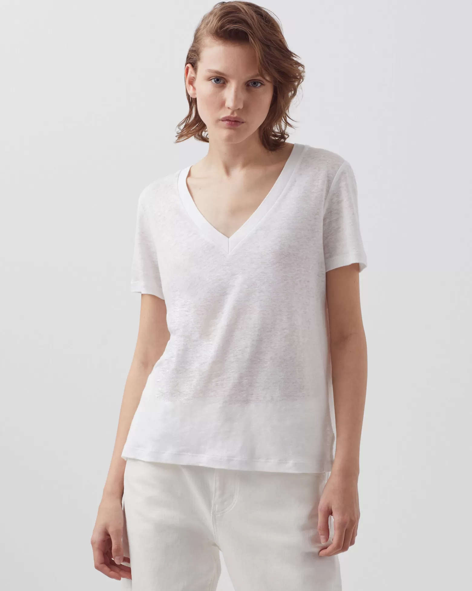 Tops | Comptoir des Cotonniers Sarah - T-Shirt Col V En Lin 4235 Optical White