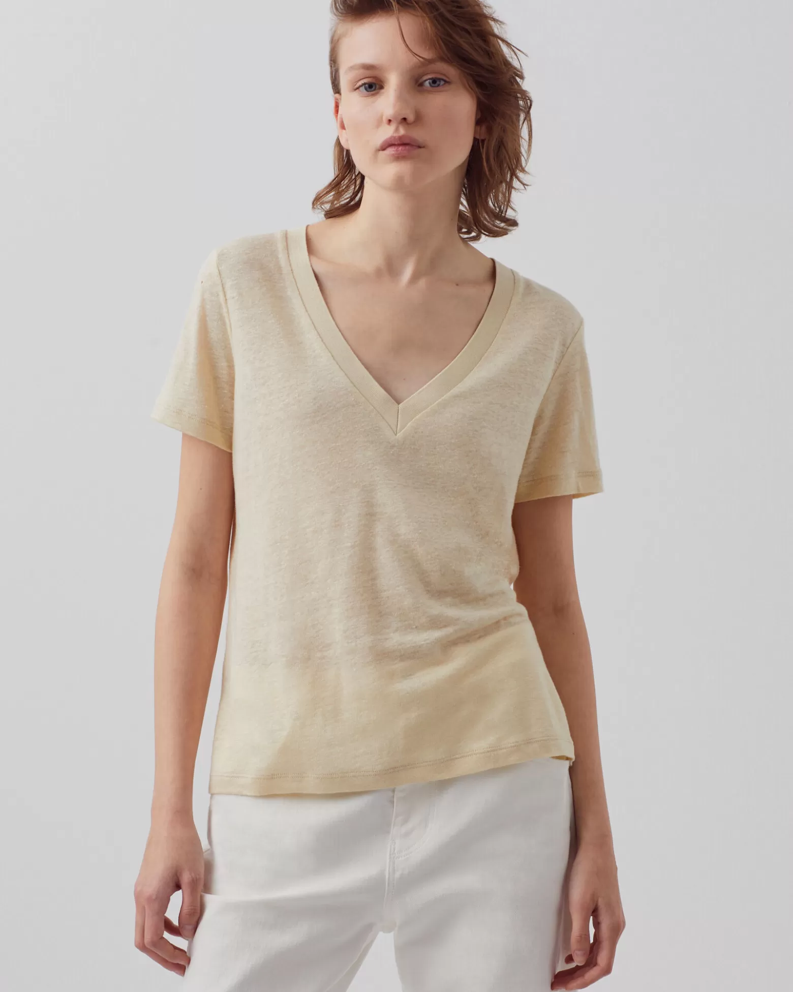 Tops | Comptoir des Cotonniers Sarah - T-Shirt Col V En Lin 0300 Castle Wall
