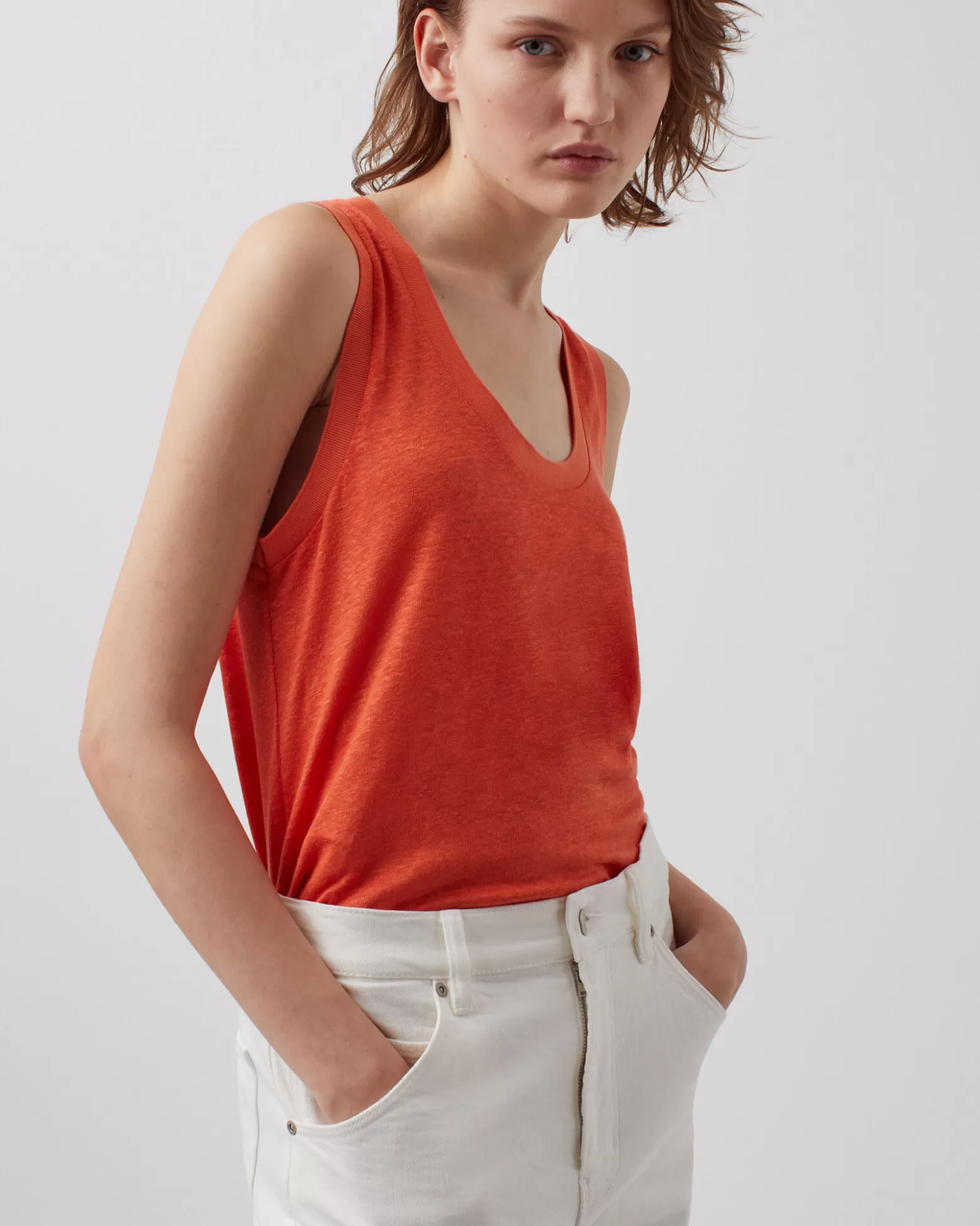 Tops | Comptoir des Cotonniers T-Shirt Sans Manches En Lin 0250 Tiger Lily Orange