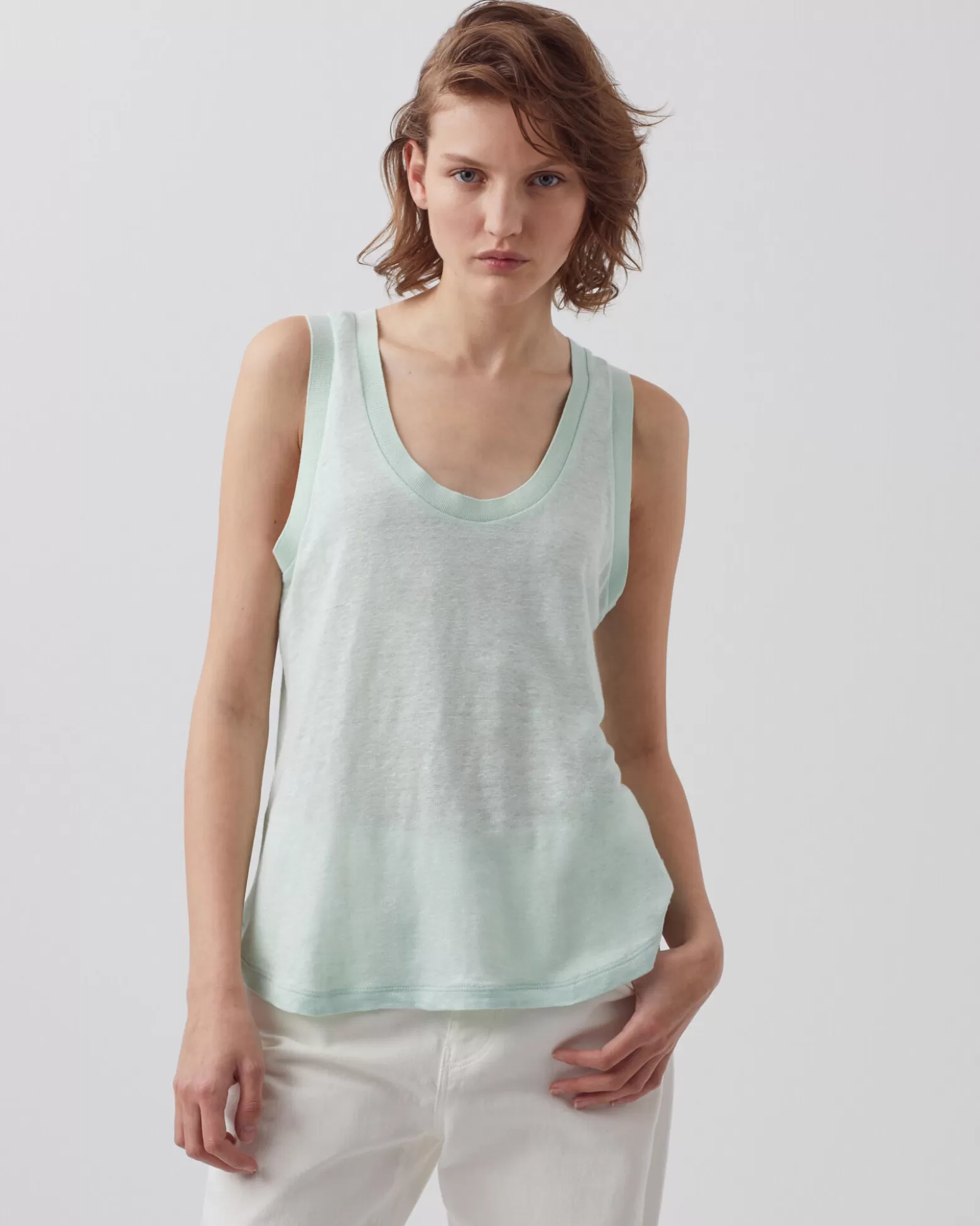 Tops | Comptoir des Cotonniers T-Shirt Sans Manches En Lin 0500 Surf Spray Green